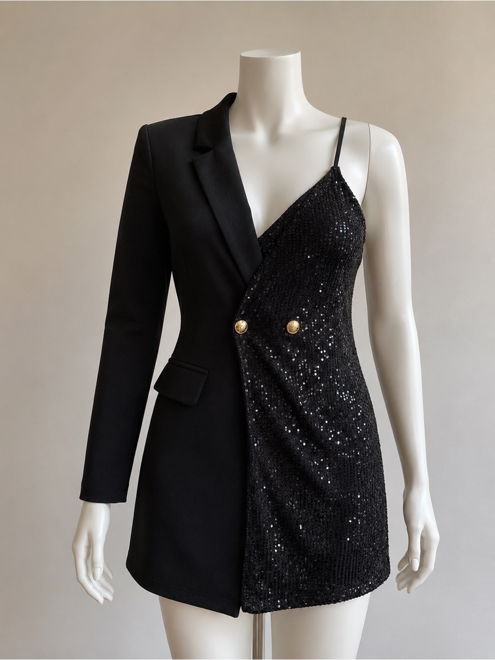 Black One-Shoulder Sequin Blazer Mini Dress with Gold Buttons